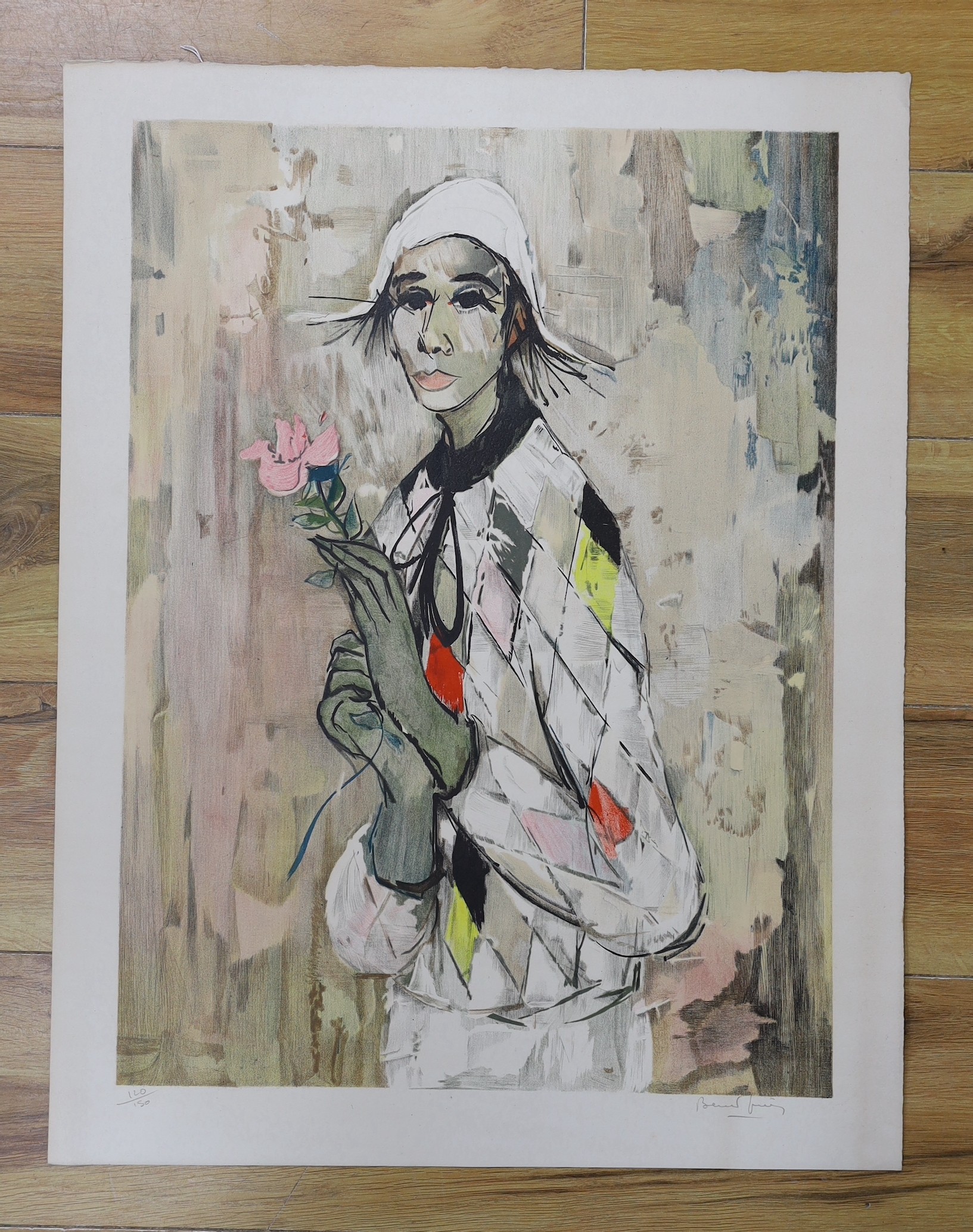 French School, lithograph, Harlequin holding a rose, indistinctly signed and numbered 120/150, 56 x 42cm, unframed